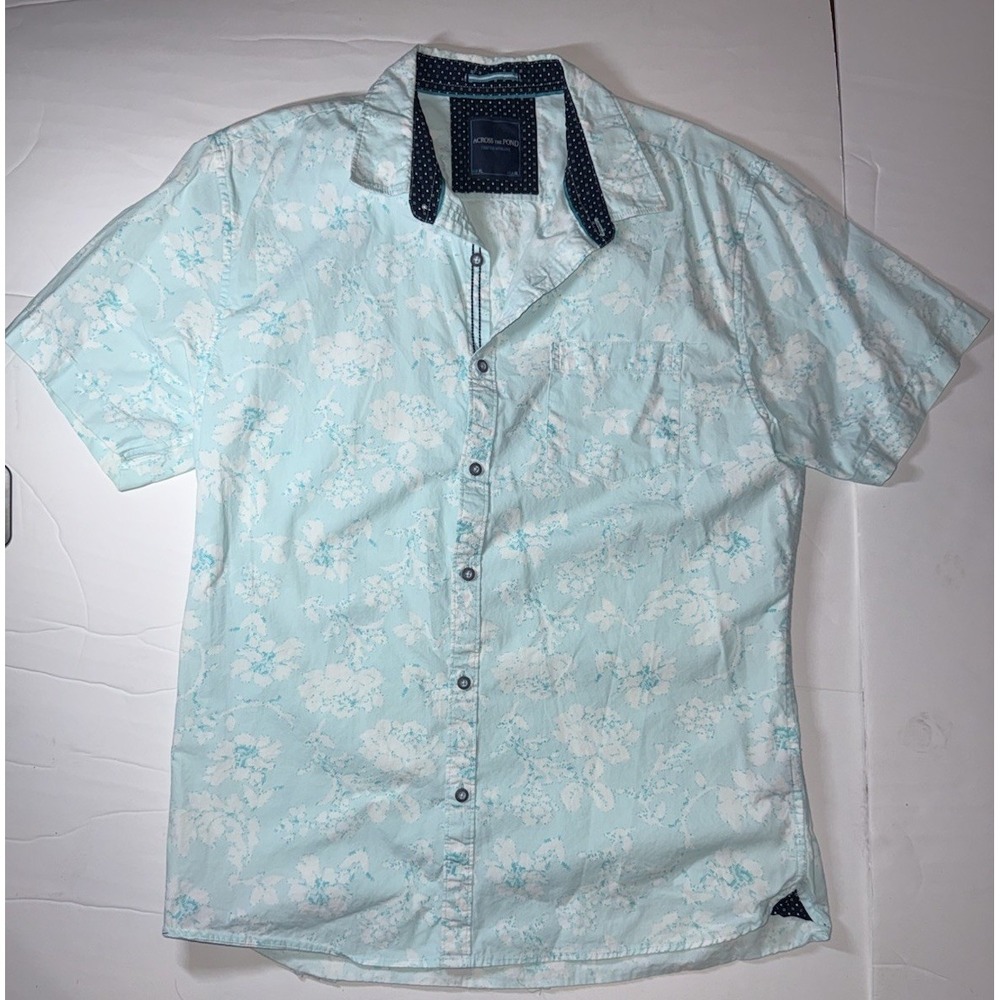 Across The Pond Button Down Shirt Mens XL Turquoise Floral Cotton Short Sleeve